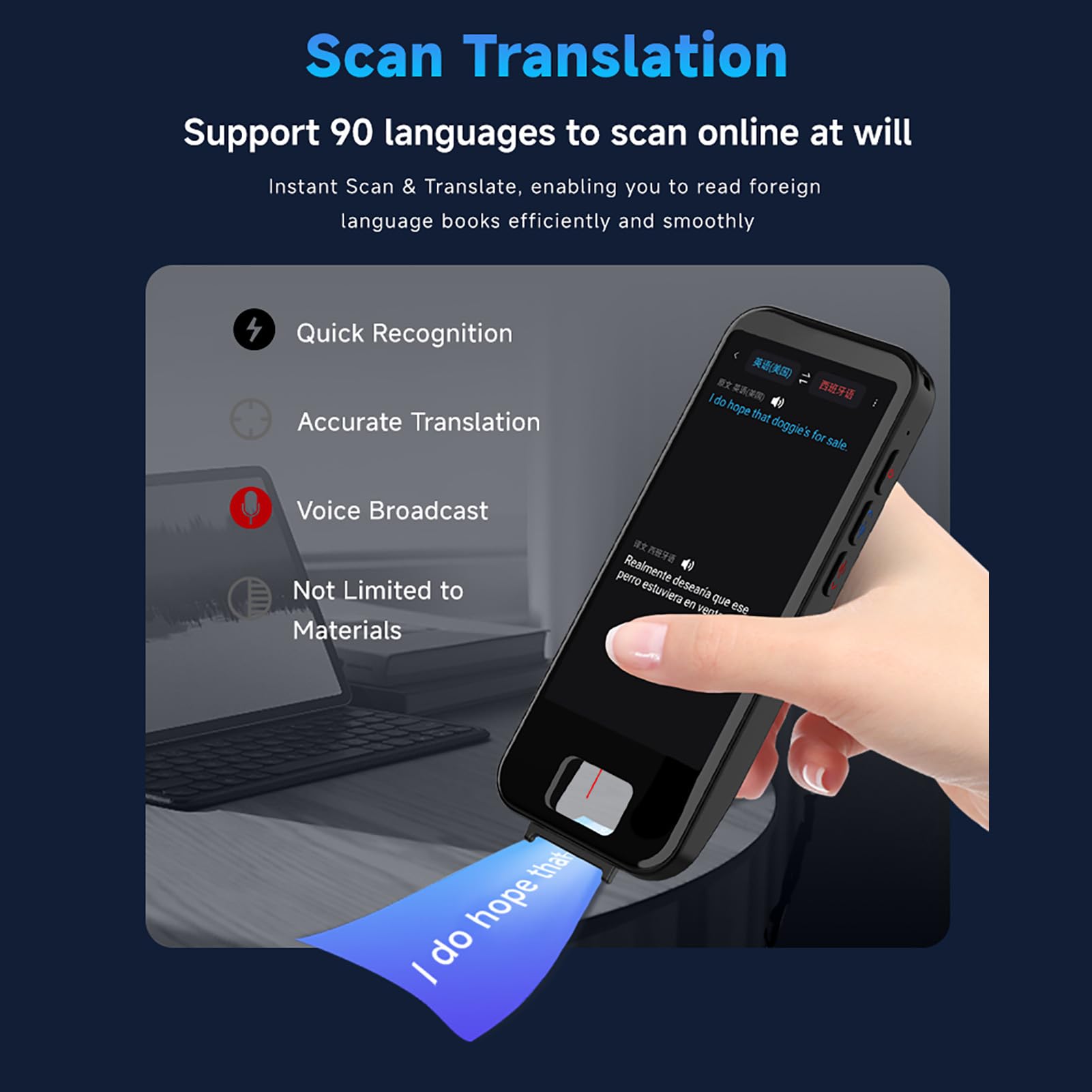 Jectse Traducteur Intelligent, AI Scan Photo Text Call Enregistrement Intelligent Dispositif de Traduction Hors Ligne avec Prise en Charge de 90 Langues et Appareil Photo 5MP, pour Une