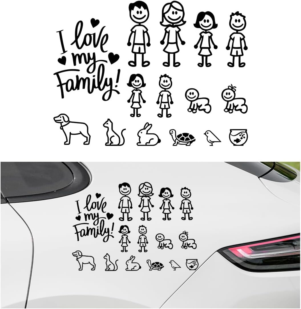 Family Car Sticker, Waterproof I Love My Family Cartoon Auto Decorative Sticker, Family Figures Pets Animal Decals for Bumper Window Laptop Fridge Luggage, Car Accessories
