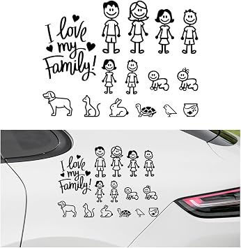 Family Car Sticker, Waterproof I Love My Family Cartoon Auto Decorative Sticker, Family Figures Pets Animal Decals for Bumper Window Laptop Fridge Luggage, Car Accessories