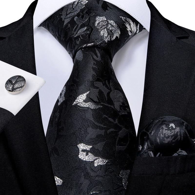 Corbata de seda para hombre con set de pañuelo y gemelos miniatura 2
