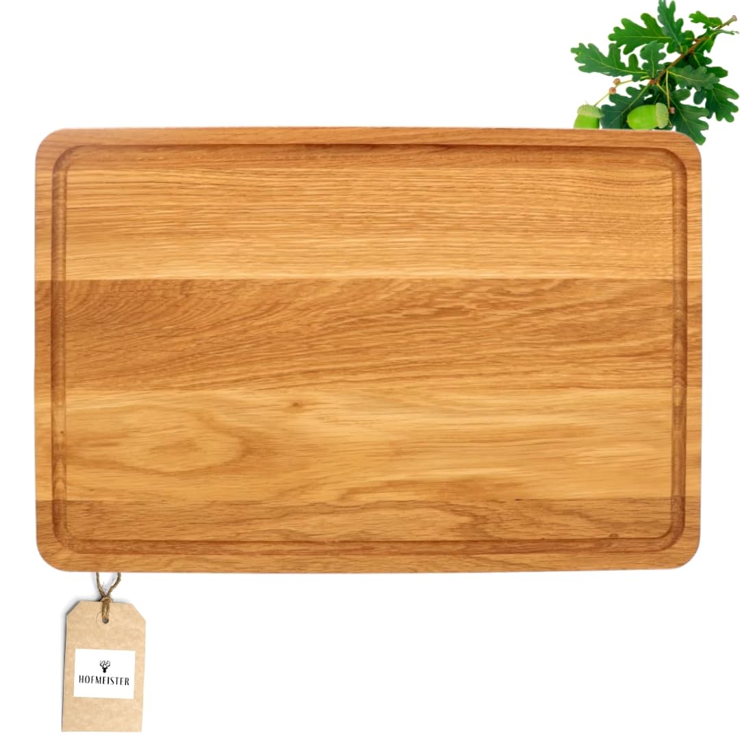 HOFMEISTER® Planche à découper rectangulaire en chêne, 50 cm, grande planche à découper avec rigole à jus, surface de découpe robuste d'origine européenne, planche de cuisine professionnelle