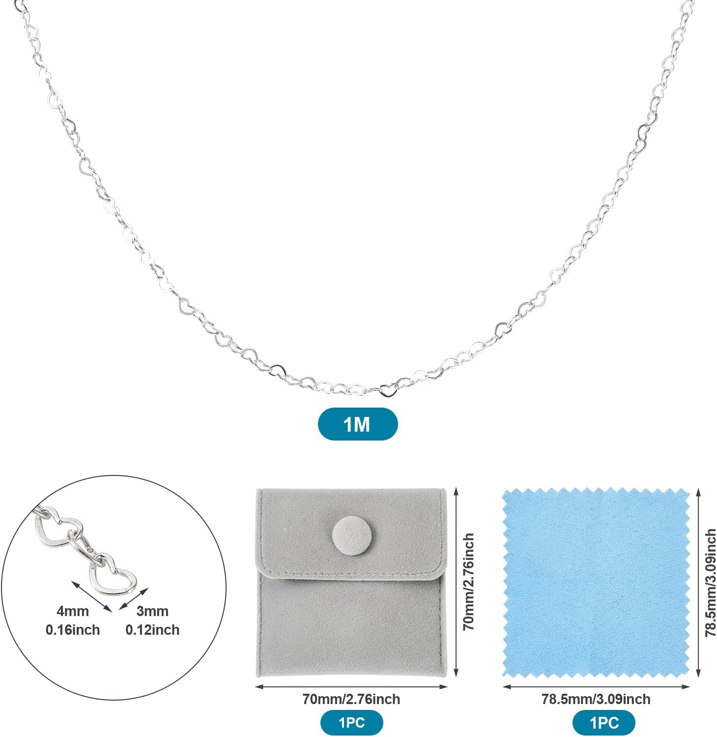 Pandahall 1M 925 Sterling Silver Heart Chains 3x4x0.5mm Soldered Silver Jewelry Chains Heart Shaped Link Chain for Permanent Jewelry Making with Polishing Clothe & Velvet Bags - Image 5