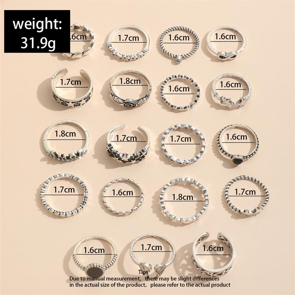 Rrdaily Vintage Knuckle Rings for Women Chunky Black Silver Ring Set Adjustable Finger Stackable Rings Goth Punk Grunge Snake Ring Boho Y2k Accessories Jewelry