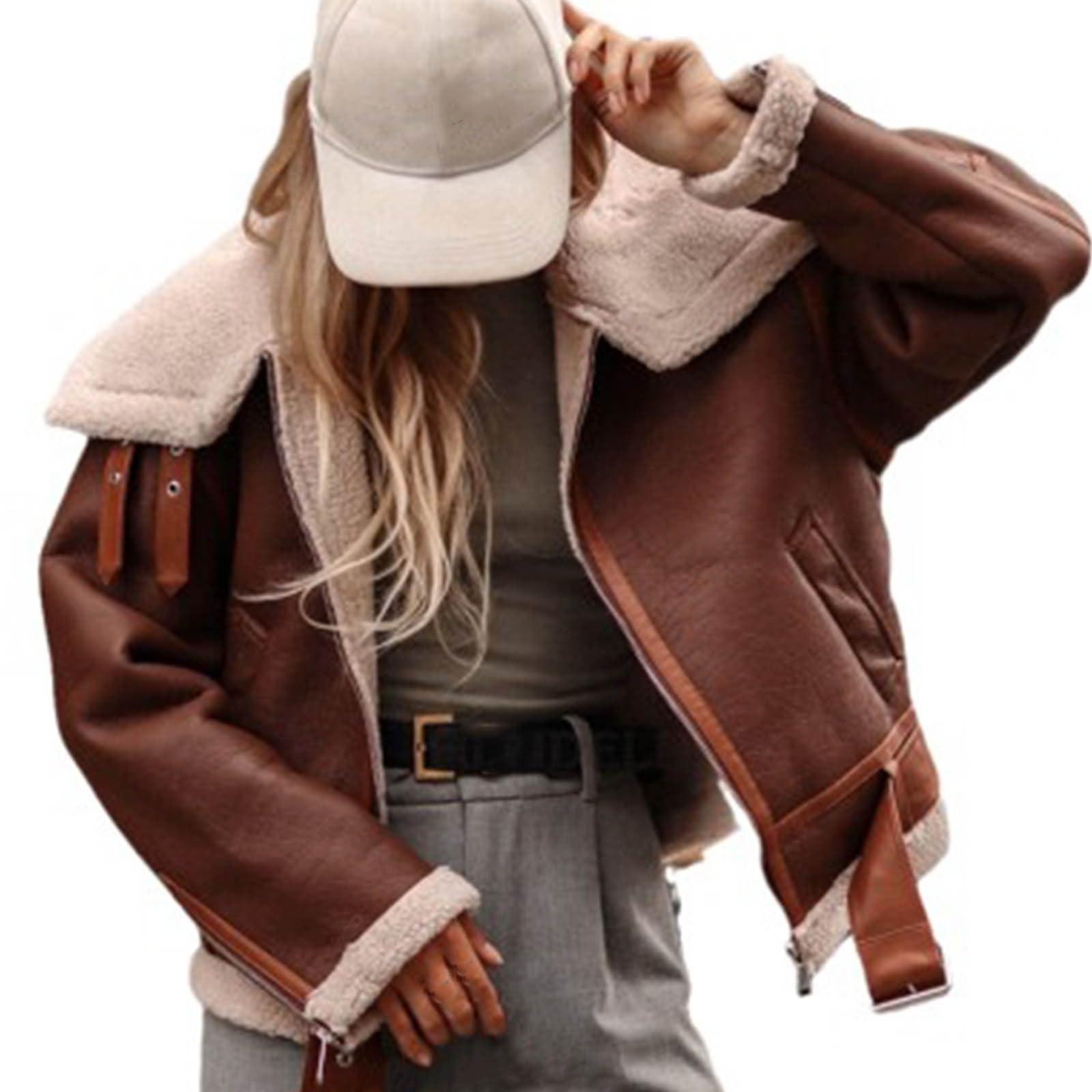 Manteau en fourrure synthétique pour femme - Veste d'hiver chaude avec doublure en peluche - Revers en cuir synthétique - Veste bomber en daim - Veste d'aviateur épaisse - Veste de moto avec
