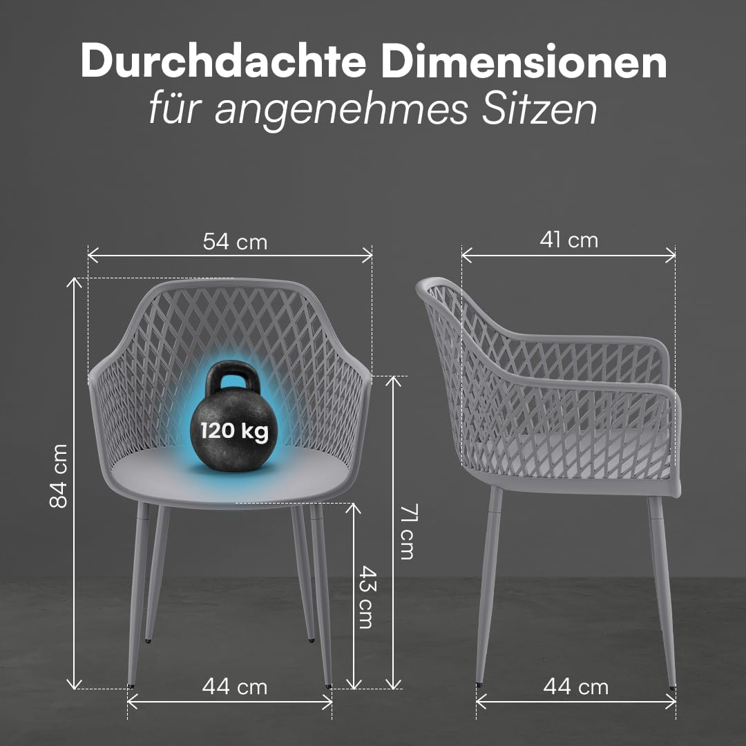 STEELSØN Quasira Gartenstühle 6er Set – Gartensessel wetterfest & UV-resistent – Outdoor Stühle für Balkon/Garten/Terrasse – Loungesessel Grau bis 120 kg – Schalenstuhl aus Kunststoff mit Armlehnen
