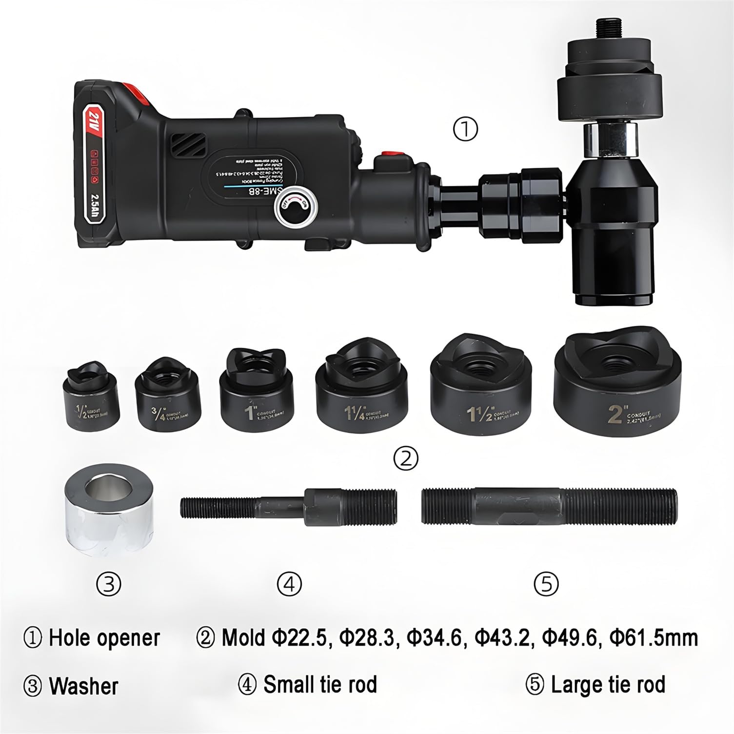 Hydraulisches Lochstanzer-Set mit 6 Stanzformen, 21 V, 2,5 Ah, kabellos, batteriebetrieben, 22 mm Hub für Metall, elektrische Paneele, automatische Ölrückführung