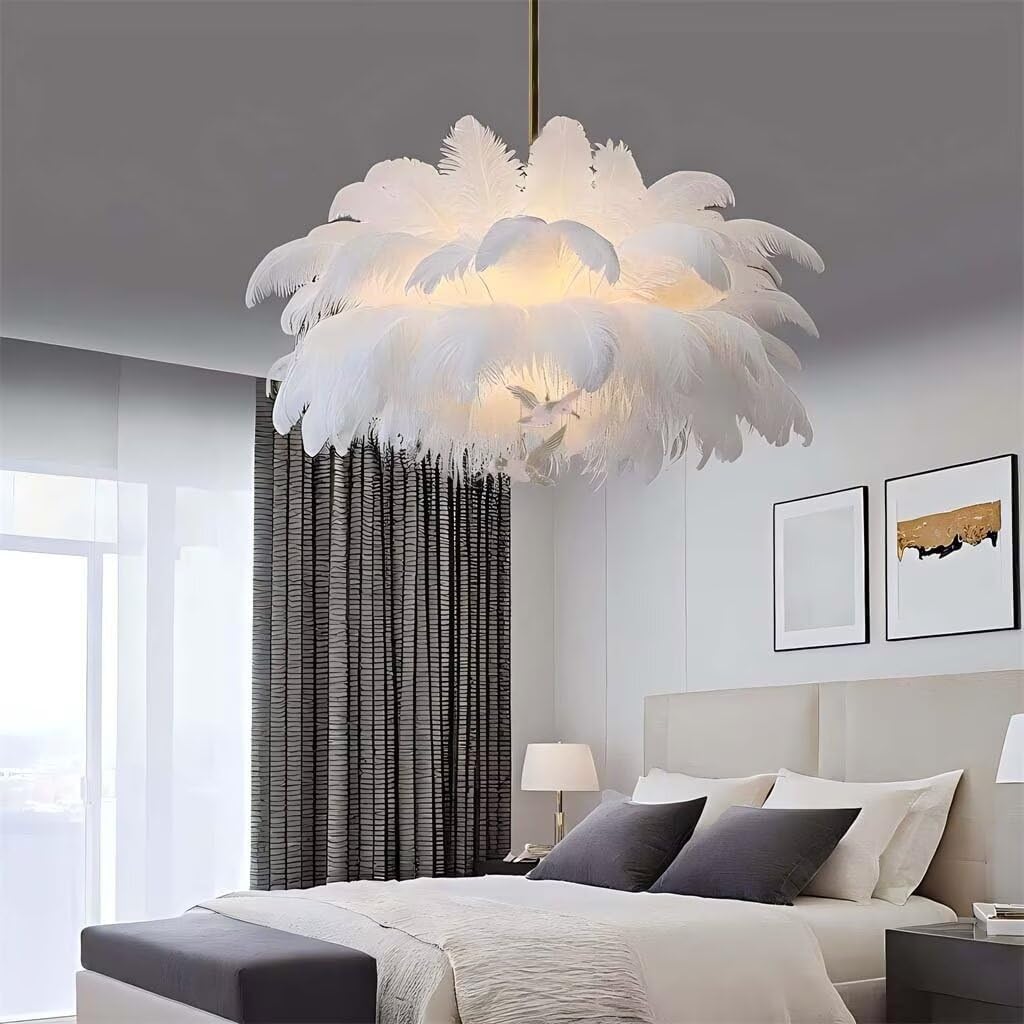 Lampa z piórkiem Biały 65cm Dziewczęcy żyrandol do sypialni 6 * G9 Żarówka Led 48w Oprawa oświetleniowa z piór 3000k Nowoczesne oświetlenie wewnętrzne w stylu nordyckim z 2 ptakami, biały, 80cm