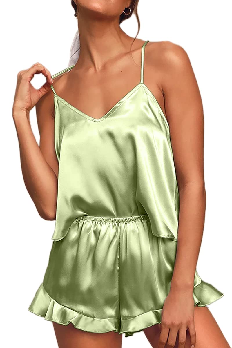 CHYRII Women's Sexy Silk Satin Ruffled Pajamas Sets Cami Shorts Sets Sleepwear