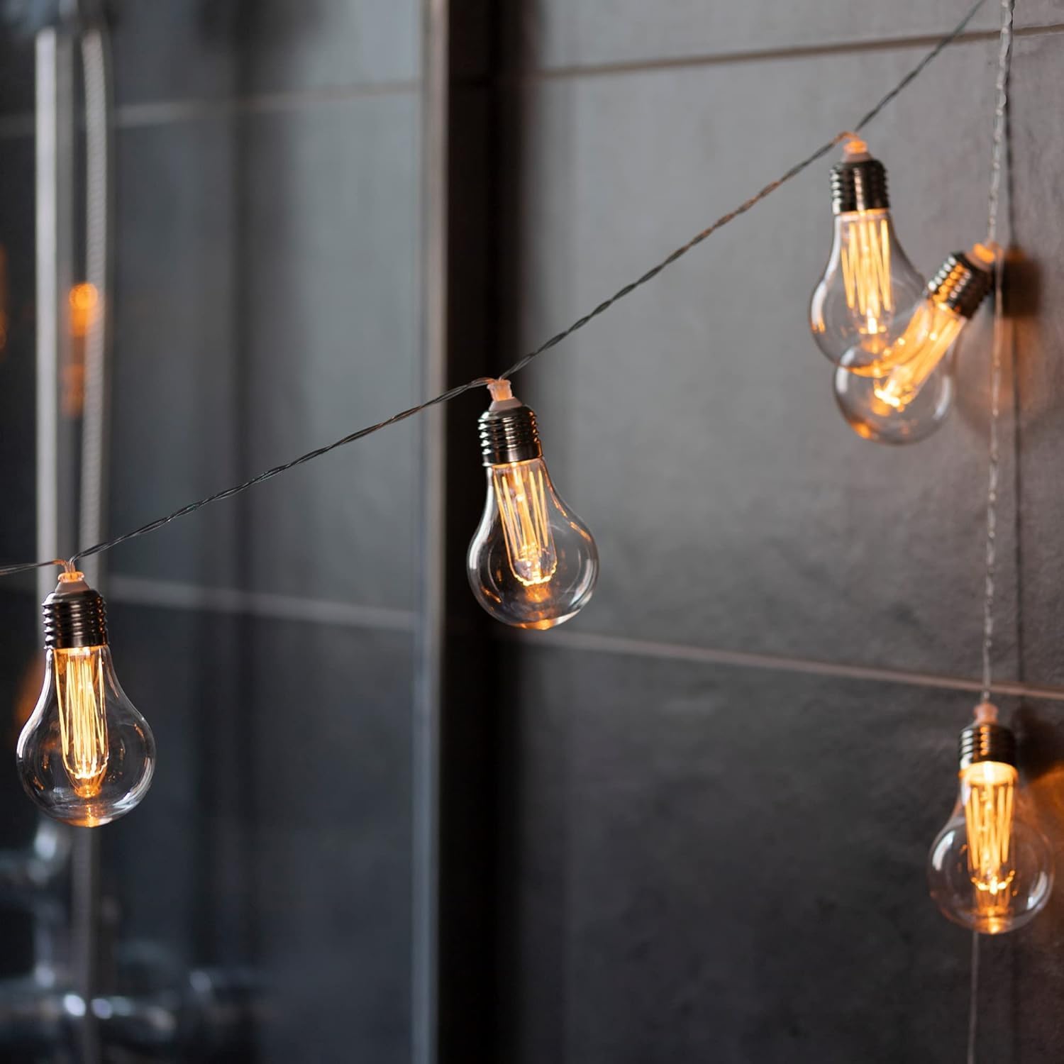 Battery Operated Edison Lights Outdoor String with Timer, 6.56 Ft String of 10 A19 Edison Bulbs, Short Battery Powered Waterproof Plastic Edison String Lights for Hanging Patio Garden (Black Cord)