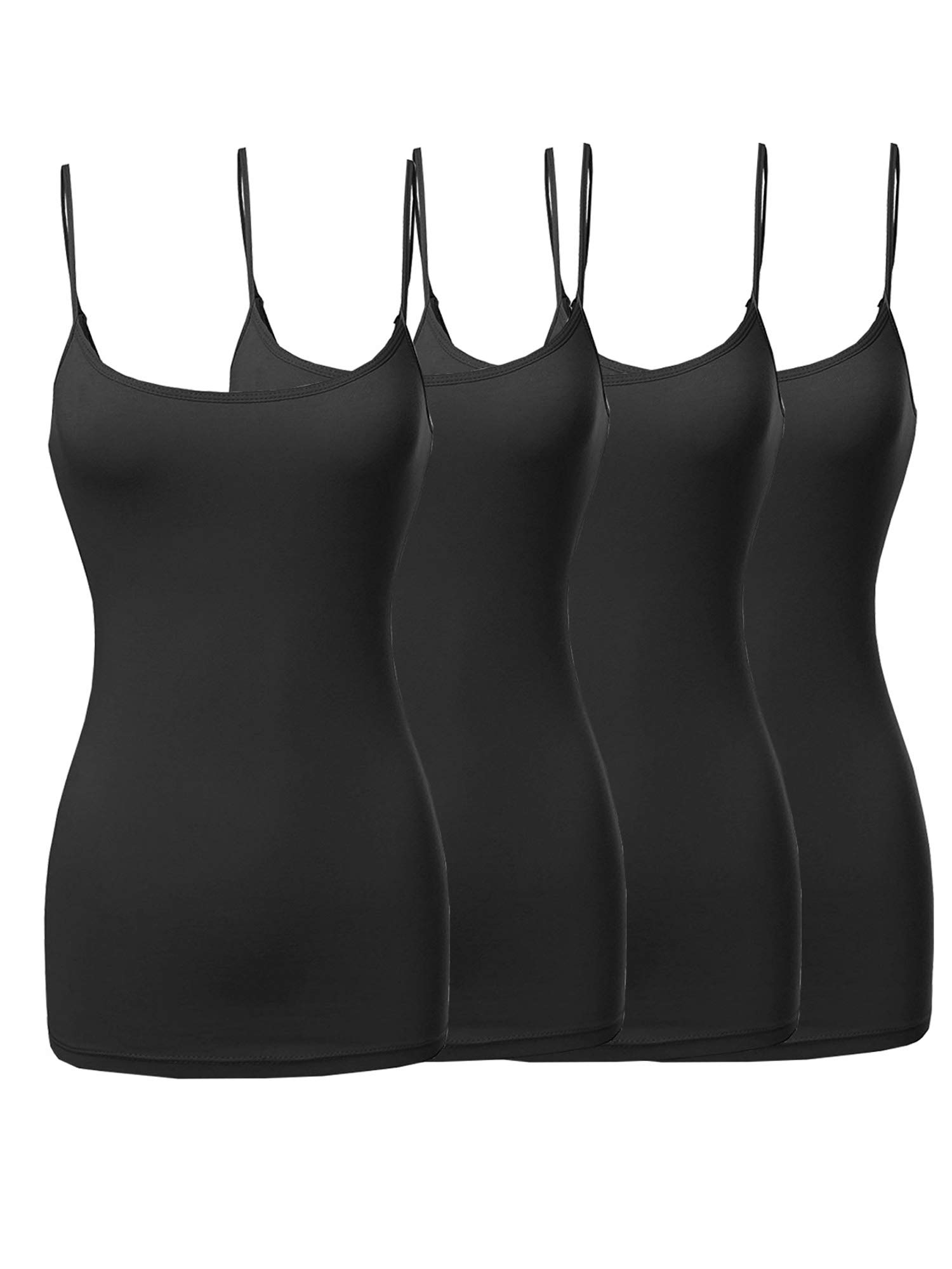 The Lovely Womens Juniors Basic Solid Long Length Adjustable Spaghetti Strap Tank Top 4PK - Black Black Black