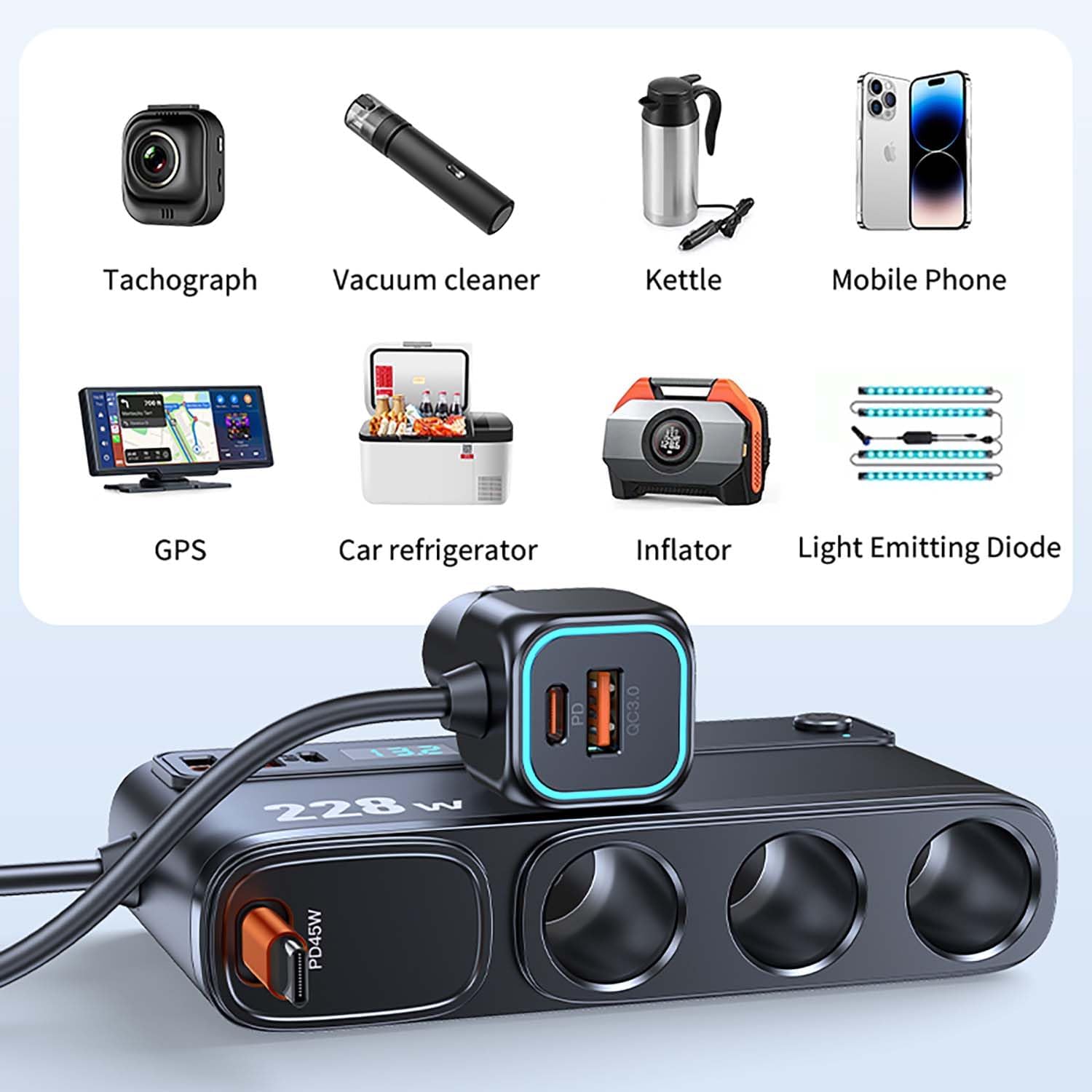 Cigarette Lighter Adapter with Retractable Car Charger,45W USB C Car Accessories 3 Socket Heavy Duty Truck Car Plug Outlet Splitter Fast Charging 12V/24V Independent Switch Multi Port for Car Devices