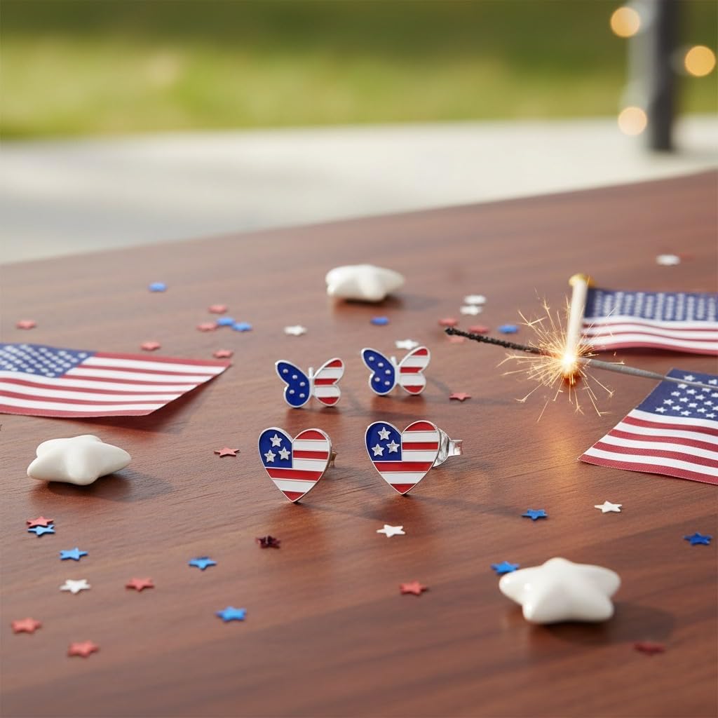 ICYROSE 925 Sterling Silver set of 2 Pairs American USA Flag 4th of July Stud Earrings - Image 6