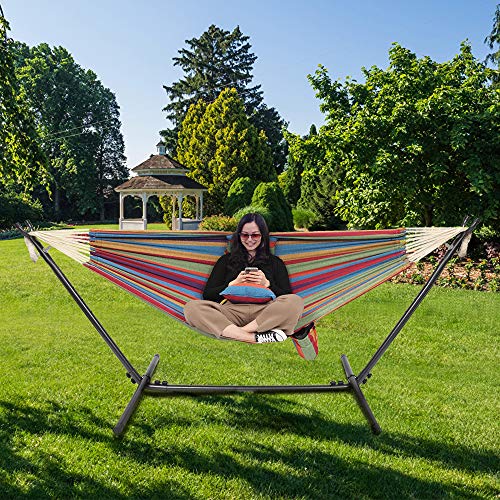 Oncloud Double Hammock With Stand 9 Ft Space Saving, Hammock Stands Heavy Duty Includes Portable Carrying Case Two Pillows For Outdoor Or Indoor (Rainbow) #TOP5