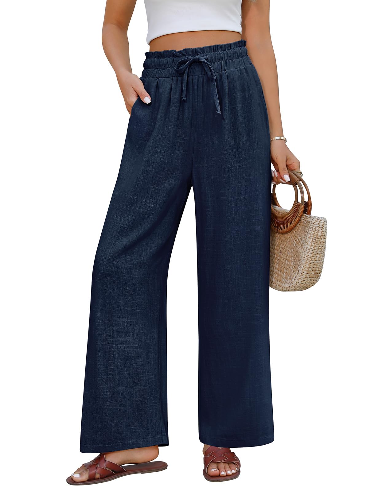 Pantalones Mujer Verano Lino Algodón Cintura Alta Elástica Anchos Casual