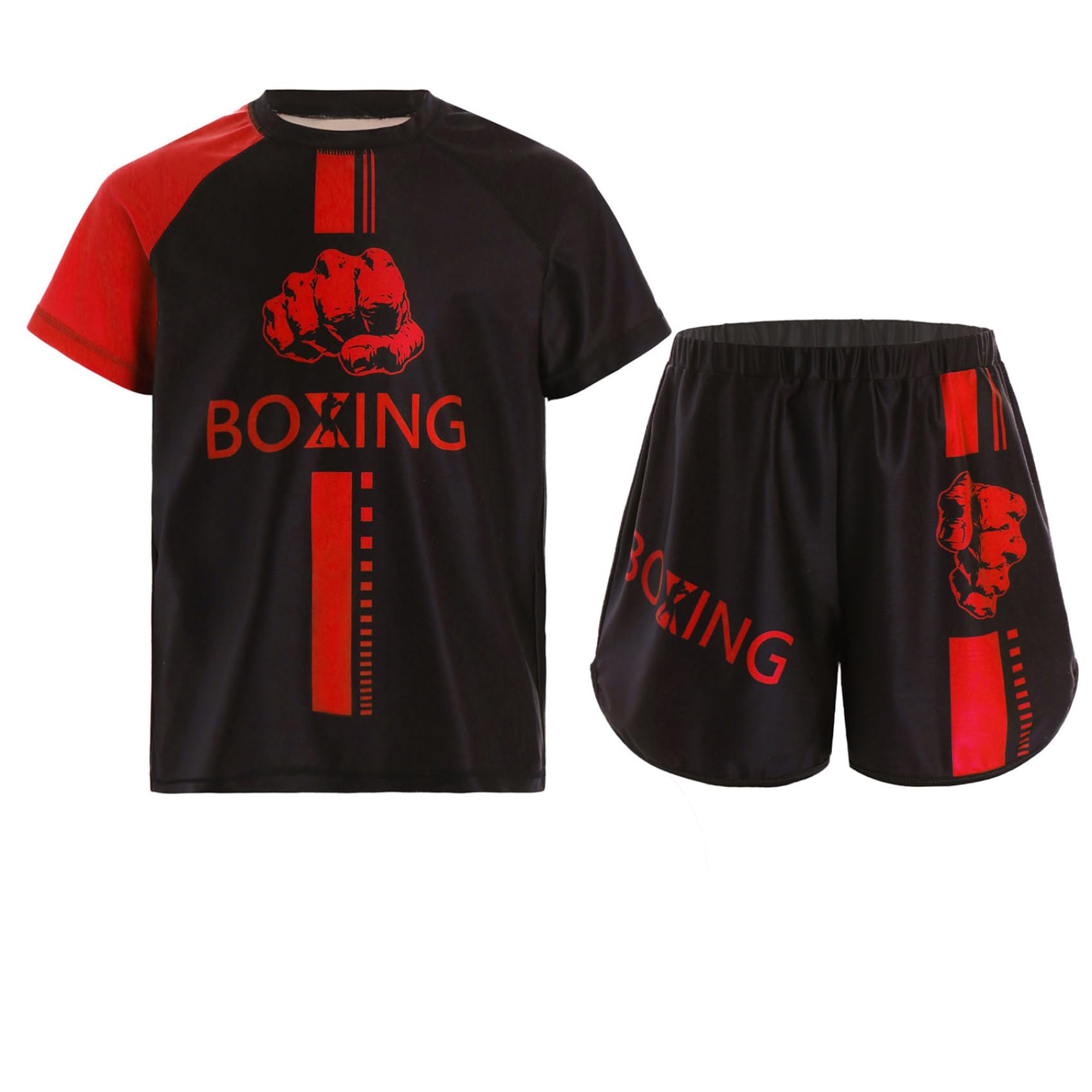 Miutii Kids Boys Boxing Uniform 2pcs Tracksuits Short Sleeve Boxer Shirt and Fighting Shorts Muay Thai Kickboxing Set Red 5-6 Years