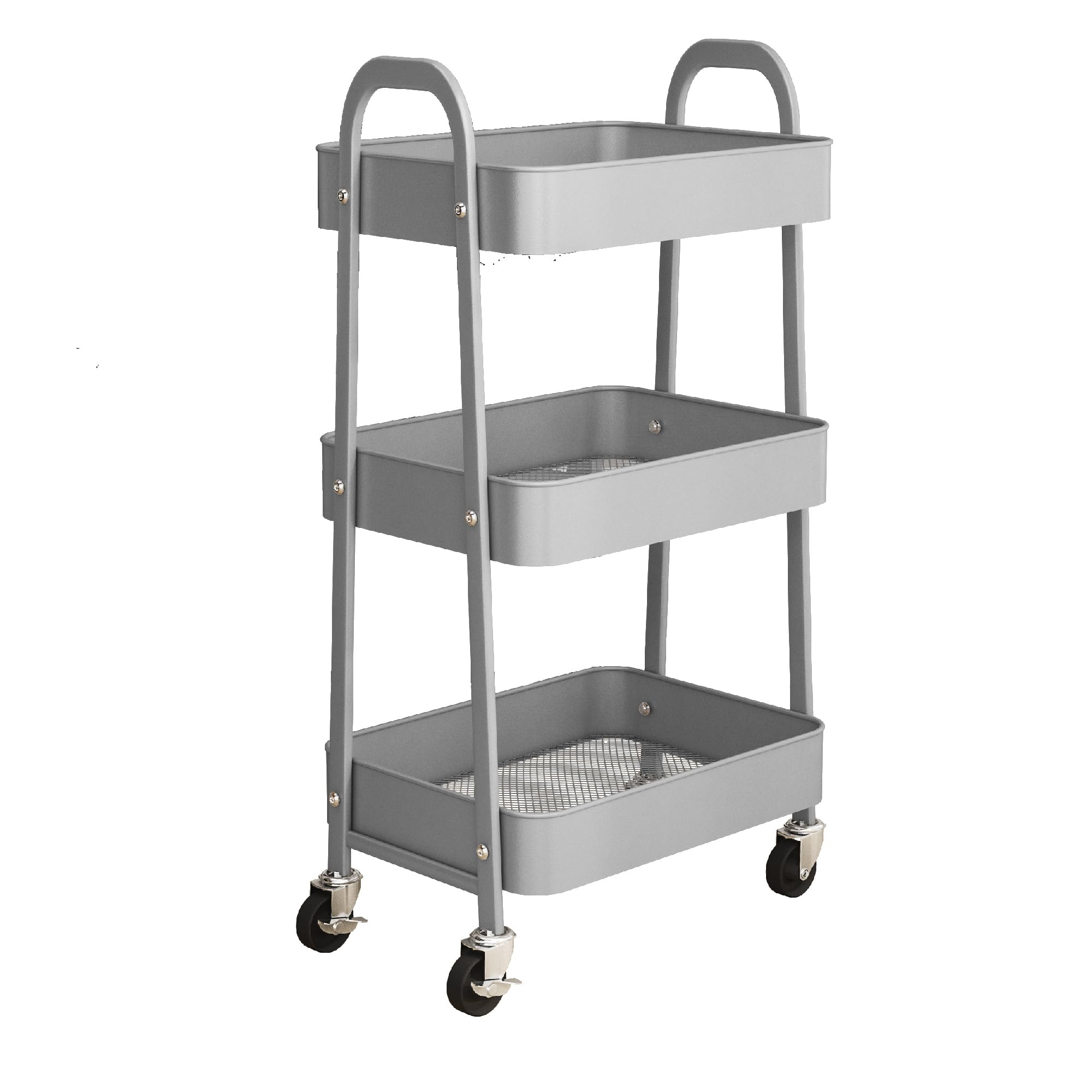 Simpa Grey 3 Tier Metal Multipurpose Wheeled Storage Tray Cart - 78.5Cm (H) X 46Cm (W) X 30.5Cm (D)