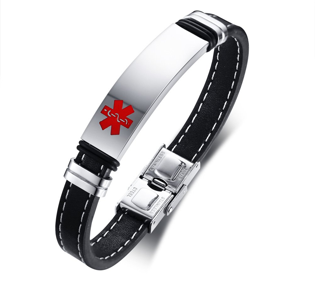 VNOXPulsera Personalizada del Brazalete del Cuero Genuino Identificación Médica Alerta Acero Inoxidable,Grabado Libre