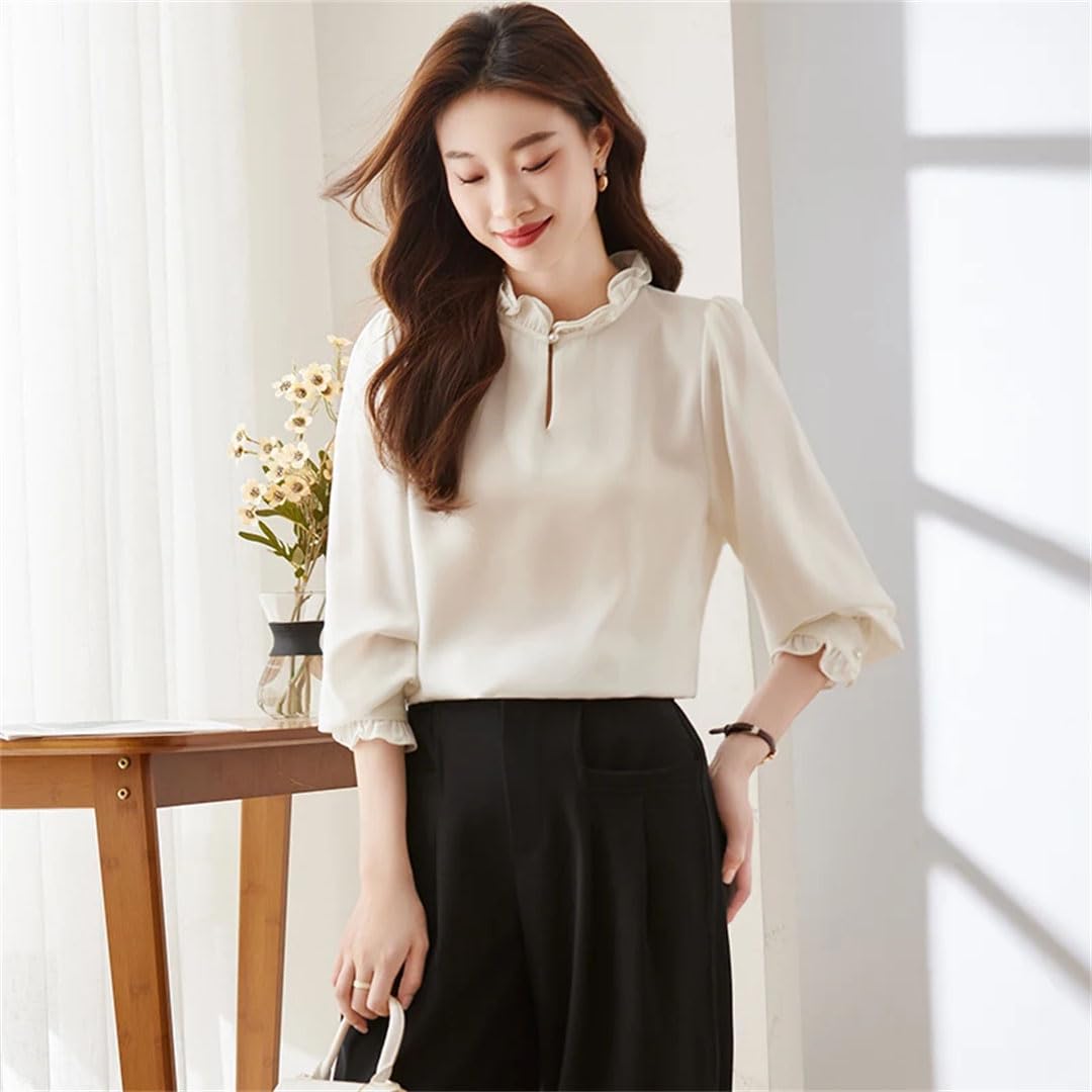 Blusas de satén con cuello de volantes para mujer, elegantes, con un solo botón, transpirables, de manga larga
