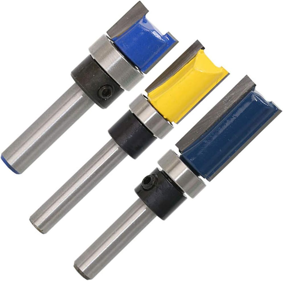 3 Pcs Router Bit Set Double Straight Flute Bearing Flush Trim, 1/4" Shank Trim Bit Pattern Template Router Bit, 1/2" Diameter Top Bearing Flush Trim Bit Woodworking Milling Cutter Tool (3 Pcs)