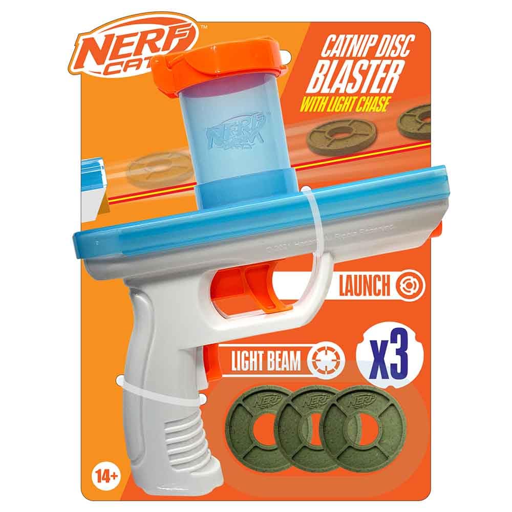 Nerf Cat Catnip Blaster with 3 Discs and Laser Pointer, 7.88-Inch Interactive Toy for Cats, White/Blue/Orange