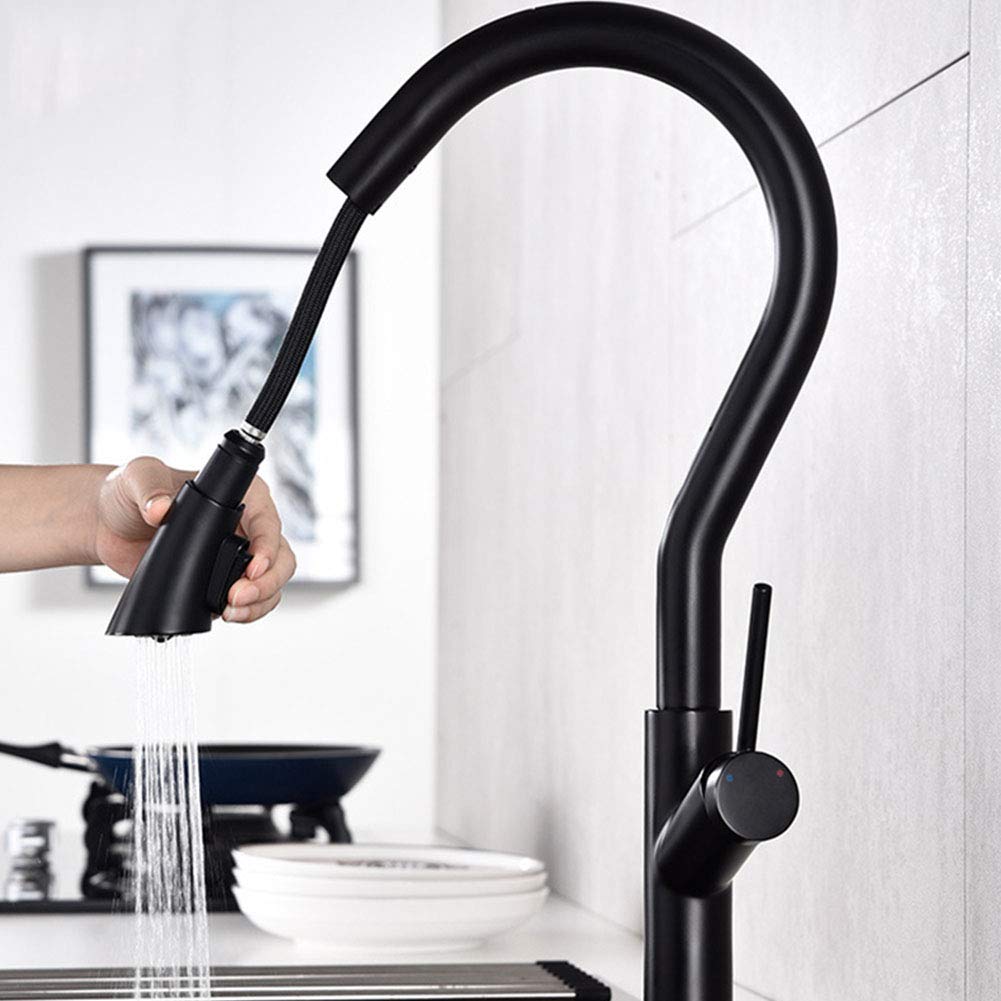 grifo del fregadero de la cocina, Grifo de cocina extraíble giratorio 360 ​​grados, latón, con una sola manija y modo chorro(Black)