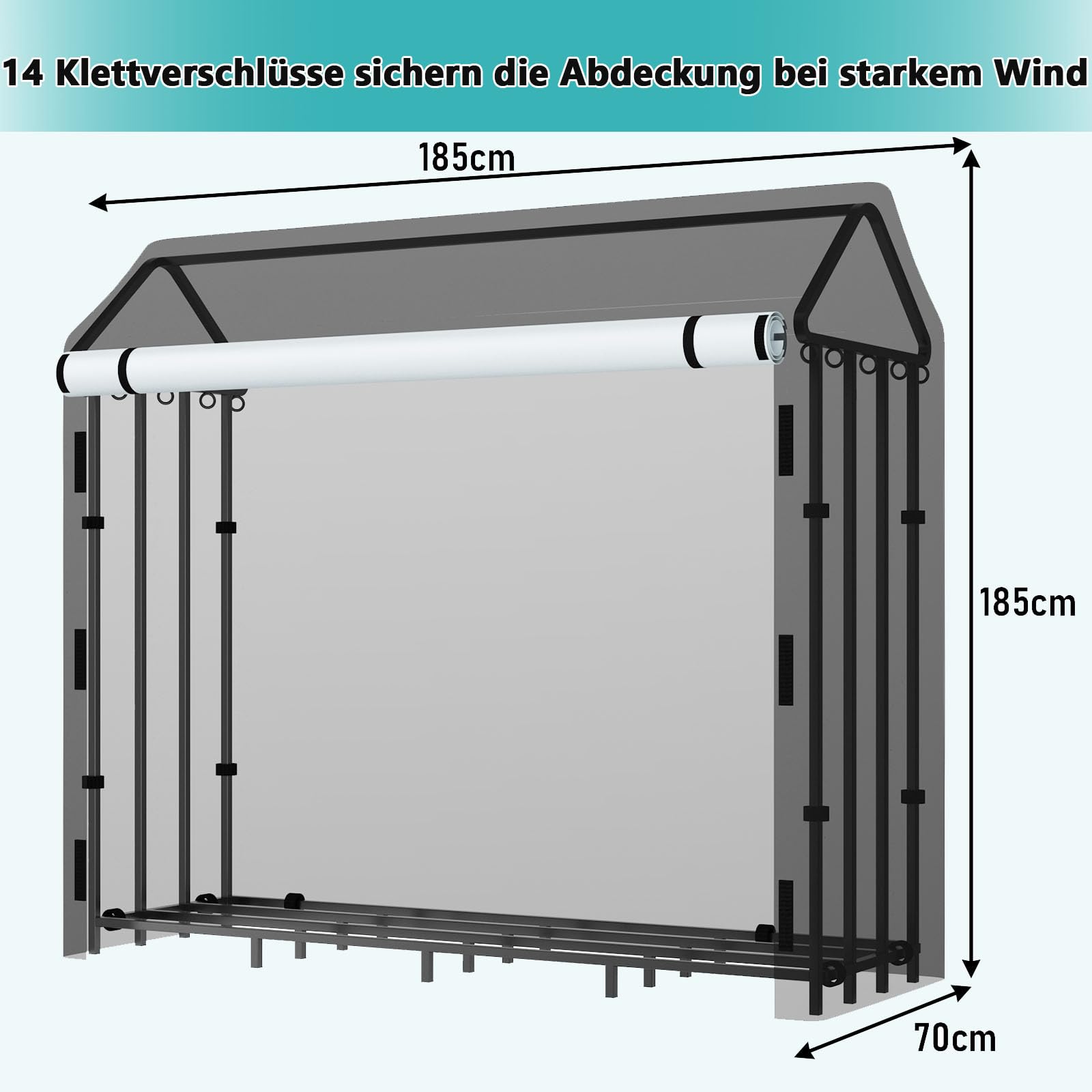Himimi® Kaminholzregal für den Außenbereich mit Dach und integrierter Abdeckung, 185 x 70 x 185 cm, 2,4 m³/3,5 SRM - Wetterfestes Brennholzregal