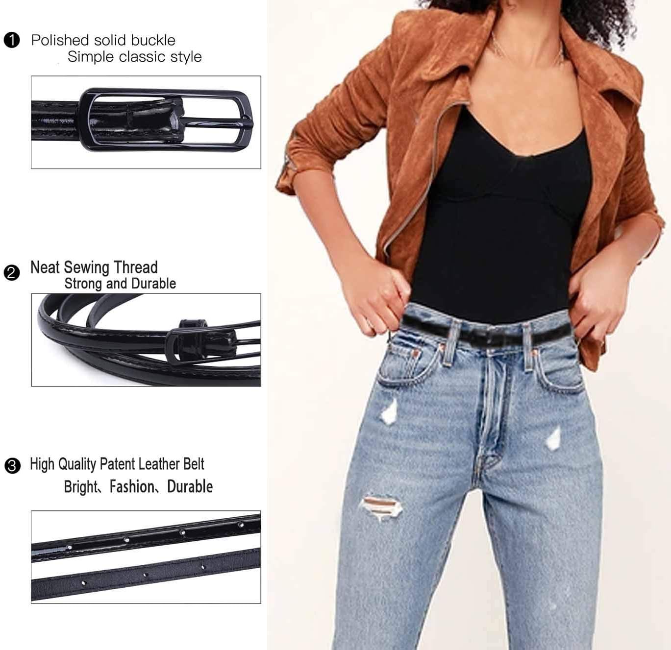 Selighting Women's Solid Color Faux Leather Skinny Belts for Dresses (One Size, Black)
