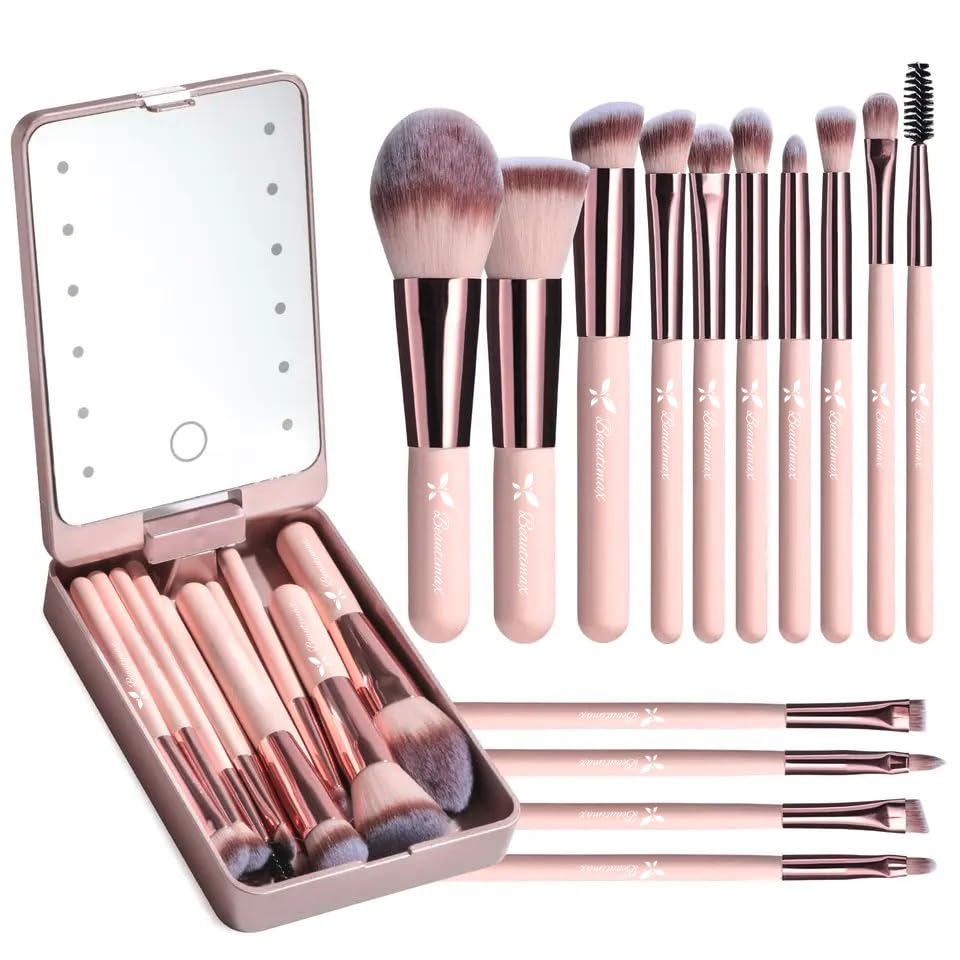 New BEAUTIMAX Makeup Brush Set including Mirror Case 14PCS Travel LED Mirror Makeup Brush Set (Type C Cable not Included)