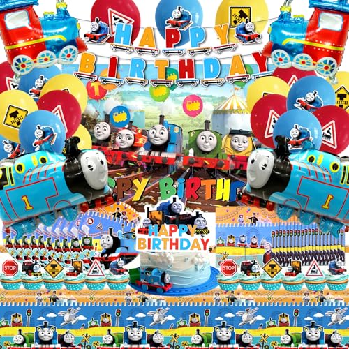 Thomas 80 Pcs Cumpleaños Vajilla, Globos y Decoración de Tarta - Happy Birthday Banner