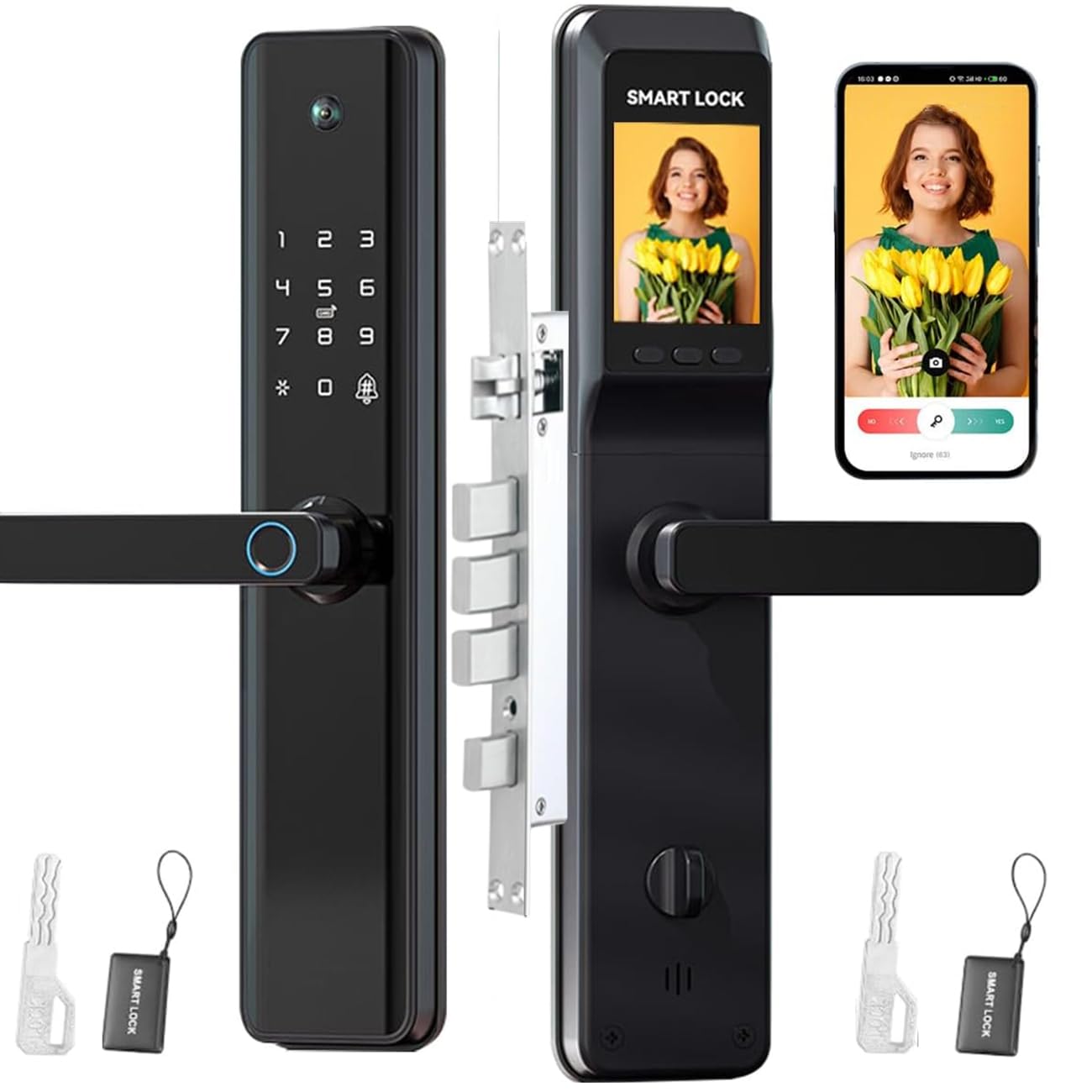 Smart Lock Fingerprint Door Lock, Smart Door Lock with Cat Eyes, Unlock with Fingerprint, Code, Card, Key, Digital Keypad Lock, Door Lock with 6068 Mortise, No Need for Gateway, Utilizes Tuya App