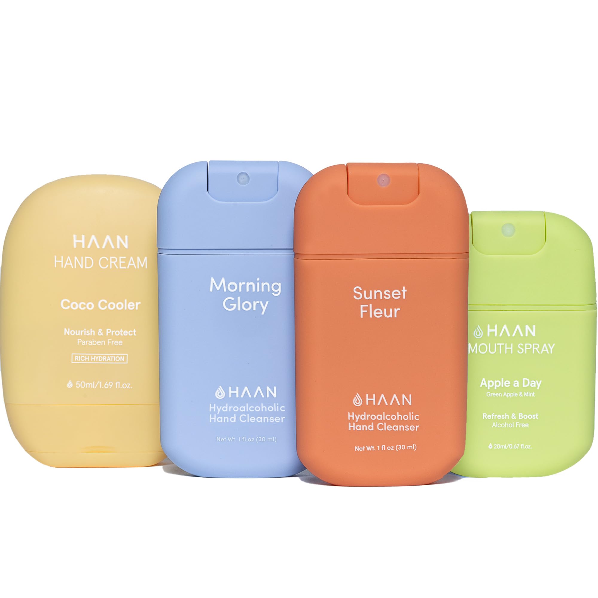 Pack HAAN Feuchtigkeitsspray für die Hände mit Aloe Vera, feuchtigkeitsspendende Handcreme und Mundspray, 4 Stück – 1 Stück pro Duft: Sunset Fleur, Morning Glory, Coco Cooler und Apple-a Day