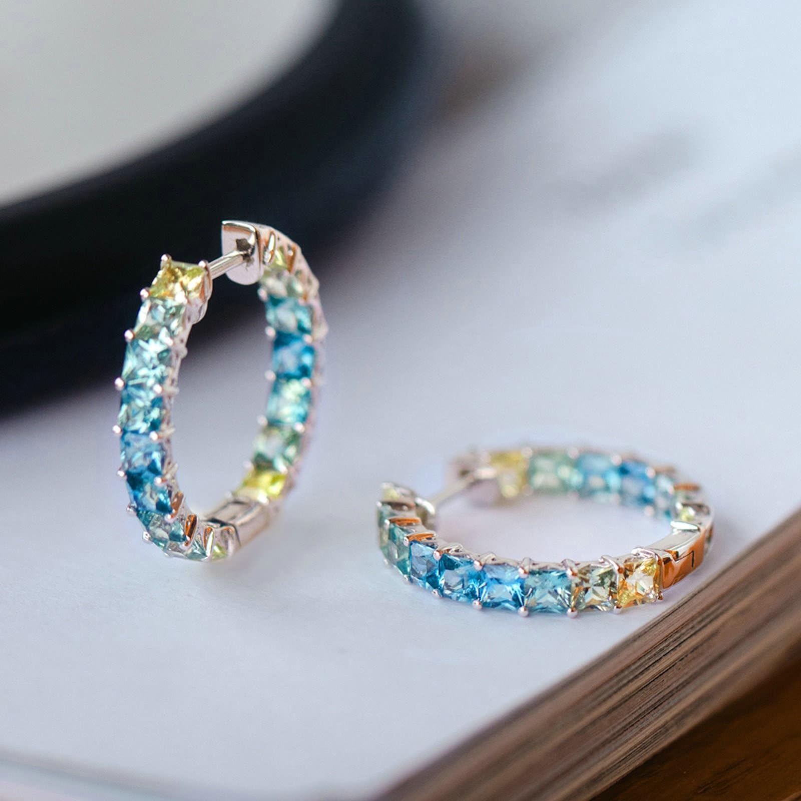 KnSam Prawdziwe złoto biżuteria 18 K białe złoto 750 Creole Hoop, 3 ct szafirowe damskie kolczyki klasyczne szlif kwadratowy kolorowe, kolczyki damskie Au750 Gold
