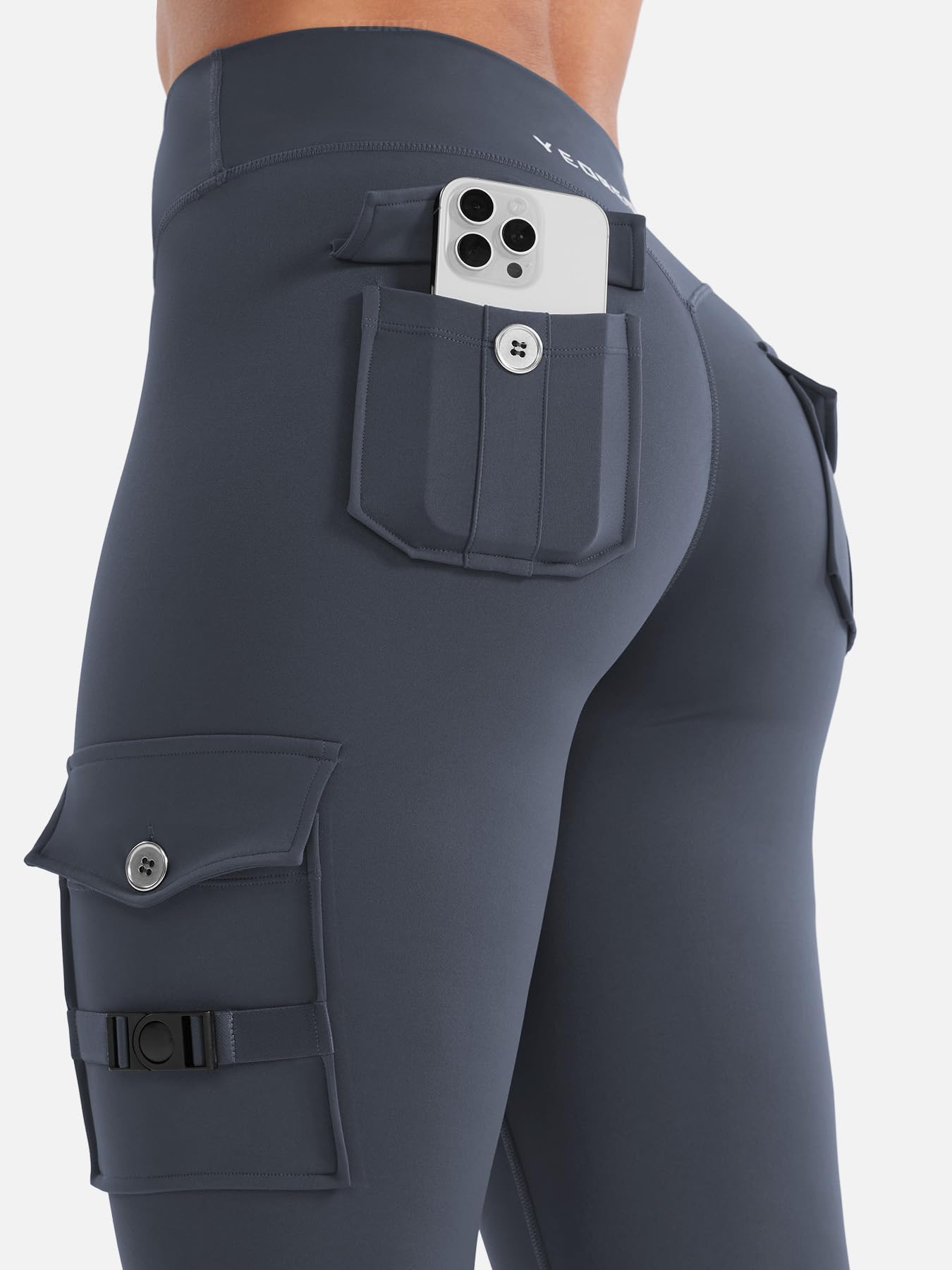 YEOREO CoreFlex Workout Cargo Leggings with Pockets for Women Hidden Scrunch Butt Lifting Leggings Gym Yoga Pants: 3 Pockets 25" Inseam Small Carbon Grey