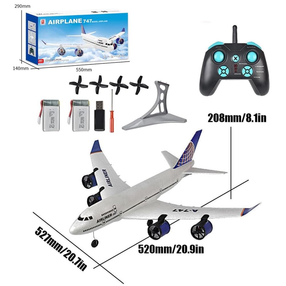 STEDMZ Airbus 747 A380 2.4G 3CH Remote Control Electric Airplane - Easy to Fly RC Plane for Beginners - EPP Foam Fixed Wing Glider Model - LED Lights - Four Motor Airliner - 2 Batteries (747)