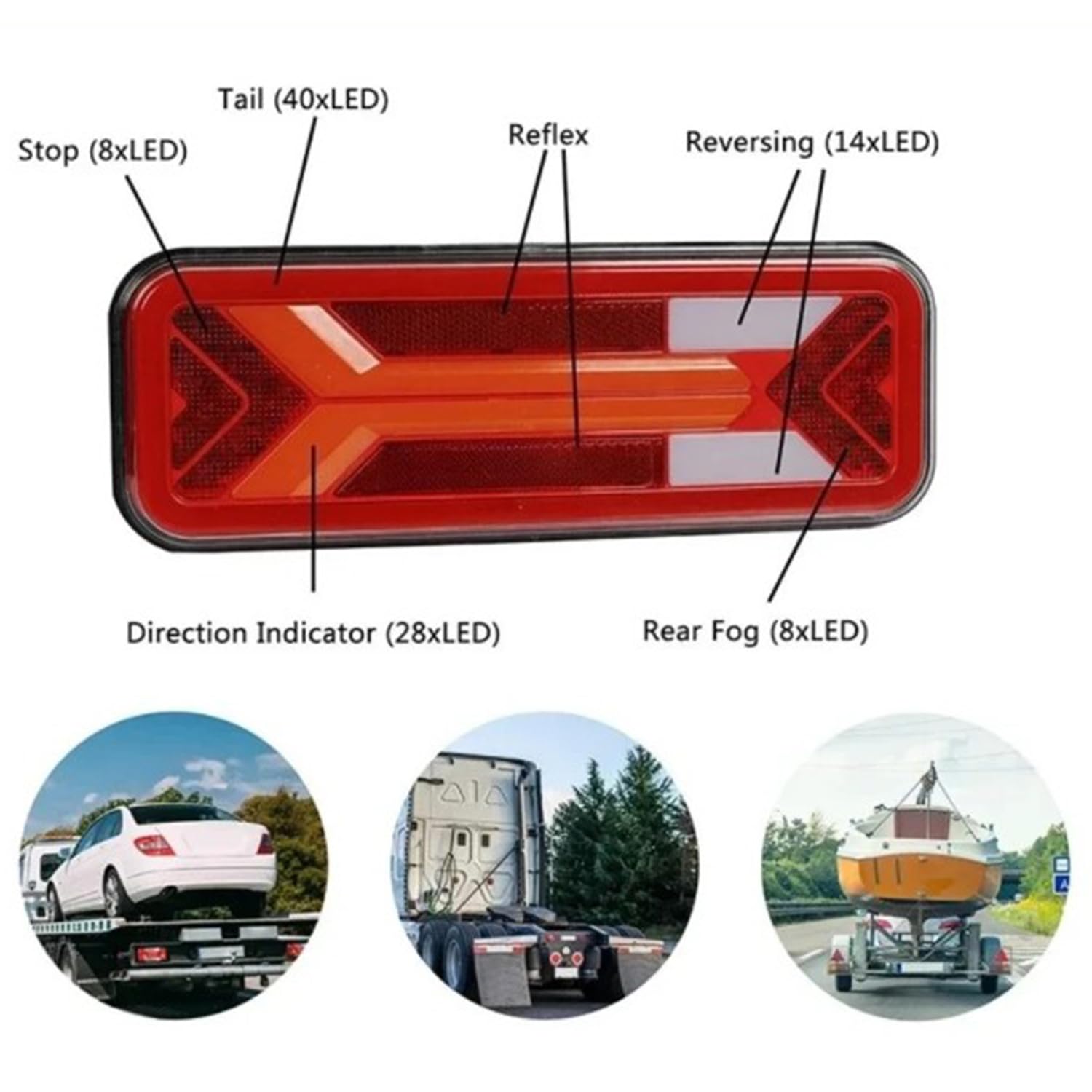 1 ciondolo per fanali posteriori a LED, 12/24 V, luci posteriori DC, cinque funzioni, impermeabile, adatto per furgoni, camion, auto, camper, ecc. (46 x 13 cm)