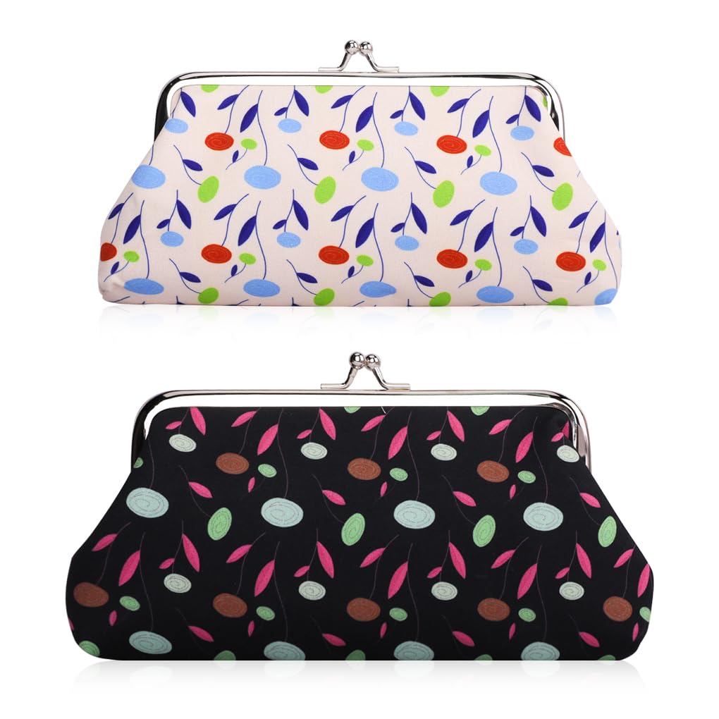 Oyachic 2Pcs Large Coin Purse,Long Change Pouch,Vintage Floral Wallet,Kiss Lock Clasp,Canvas Clutch Bag for Women Girls