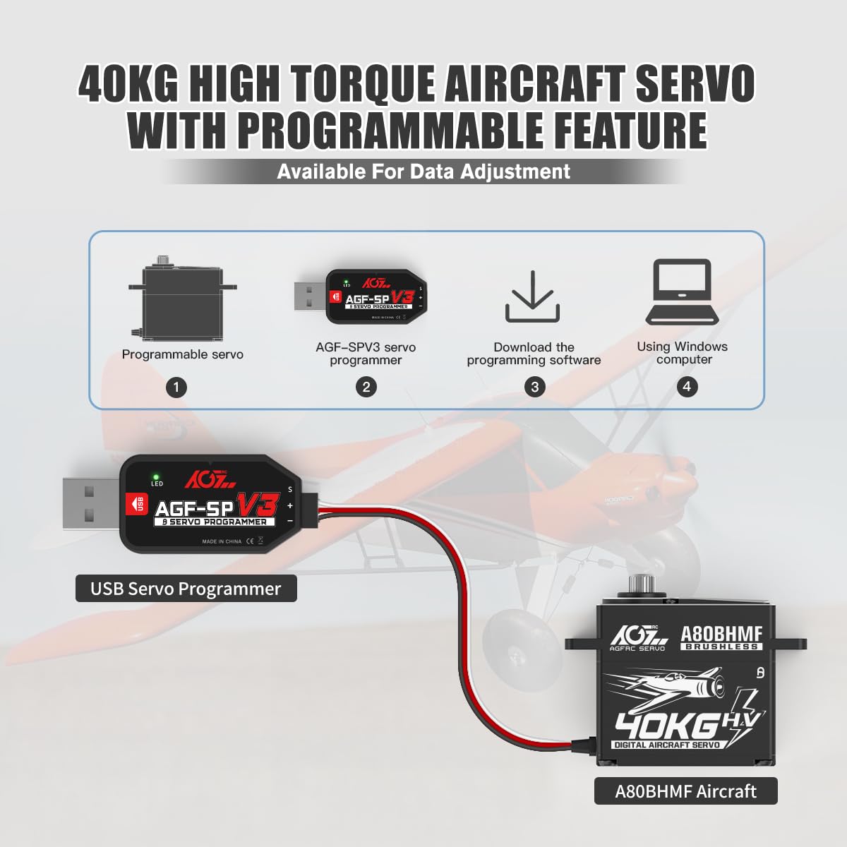 AGFRC Servo RC Toruqe élevé 40 kg – Servo standard numérique sans balais programmable à engrenage en acier pour avion RC 30–200 CC (A80BHMF)