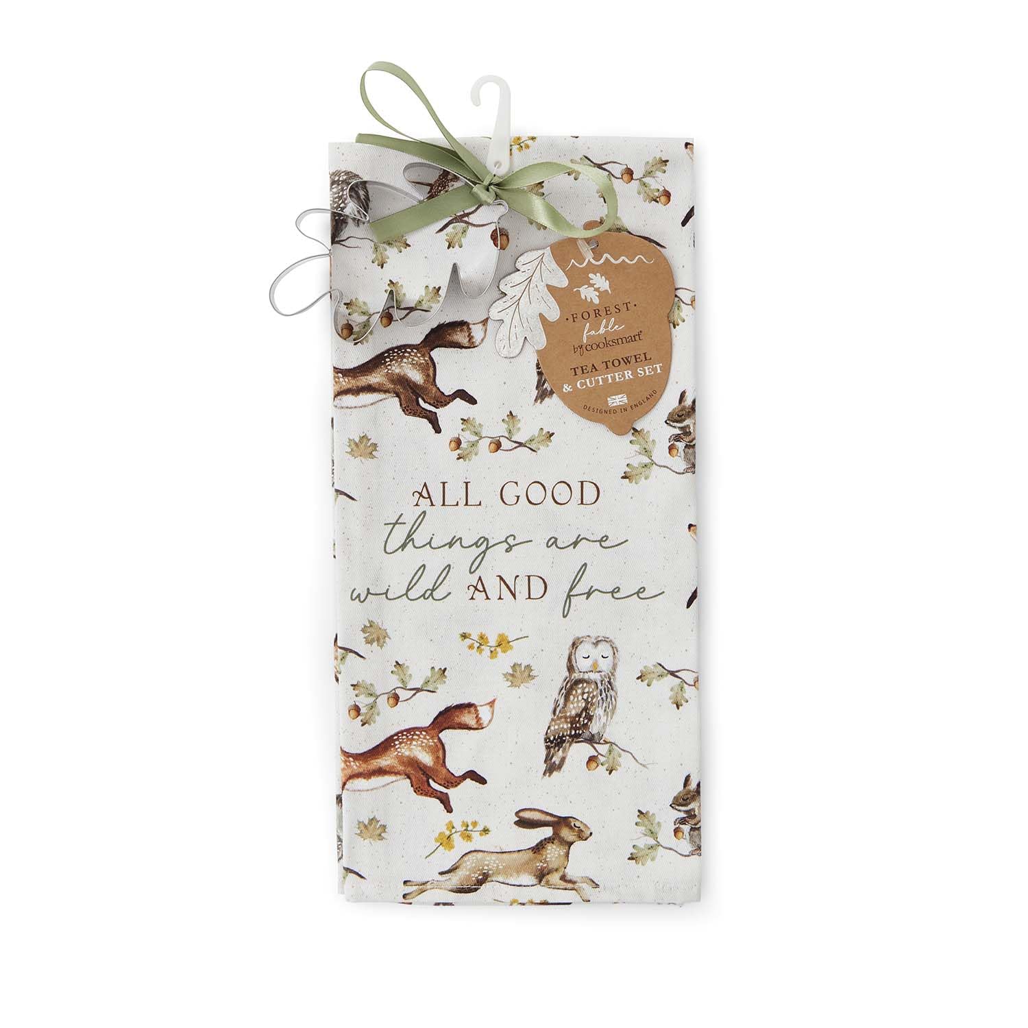 Cooksmart Forest Fable Tea Towel & Leaf Cutter Set, 100% Cotton