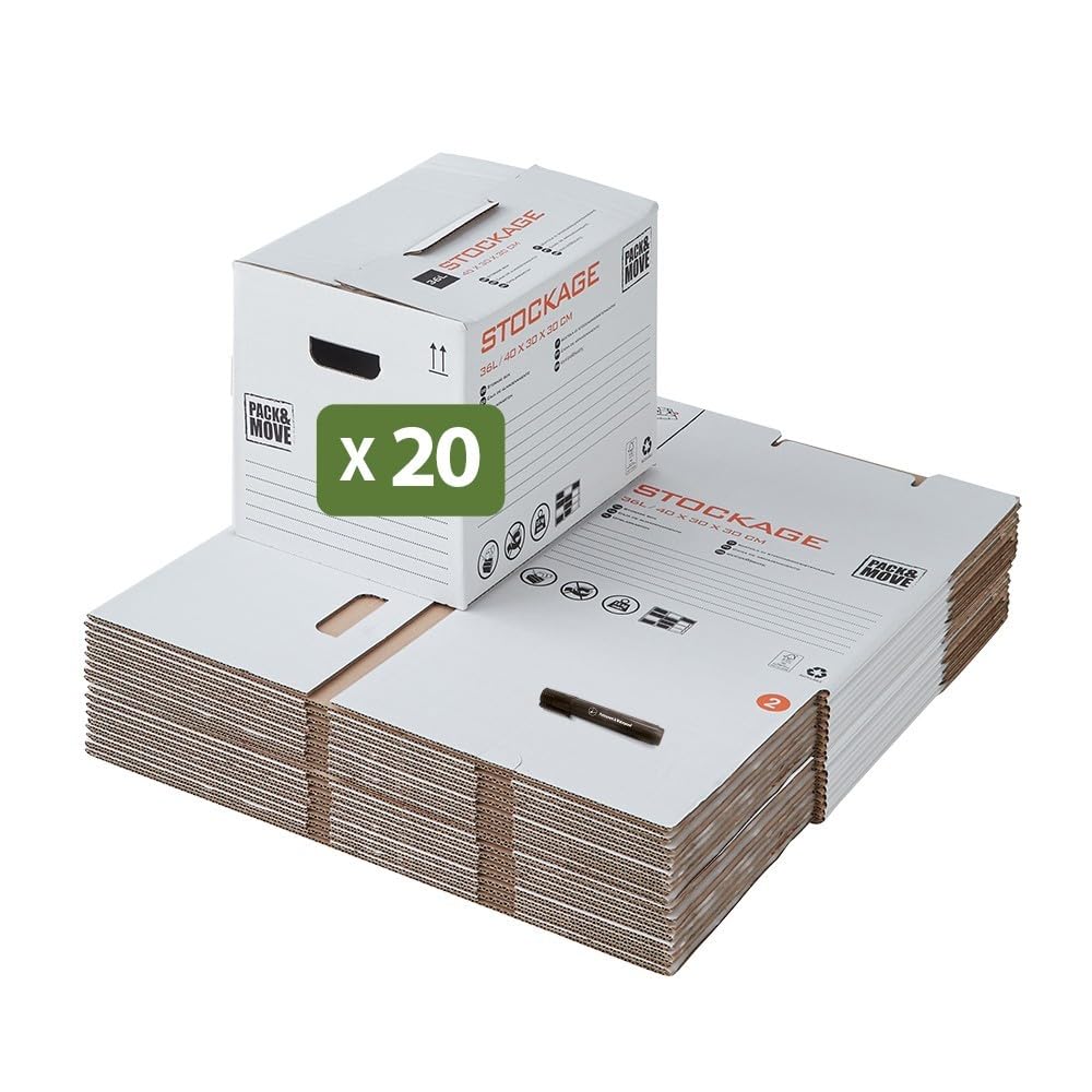 Pack and Move – Set mit 20 Aufbewahrungsboxen – 40 x 30 x 30 cm – verstärkte Griffe – 1 gratis Marker