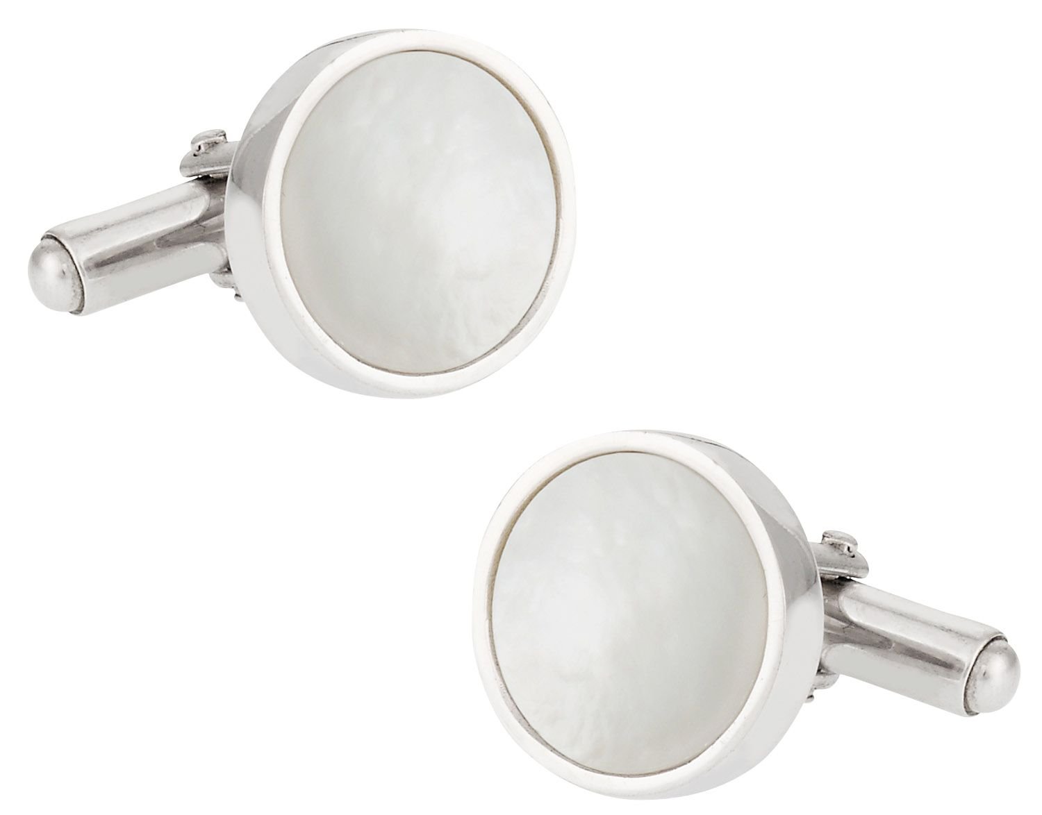 Solid Sterling Silver Mother of Pearl Round Cufflinks with Presentation Jewelry Box - White Pair Designed French Cuff Links Mens Wedding Business for Men Special Occasions Husband