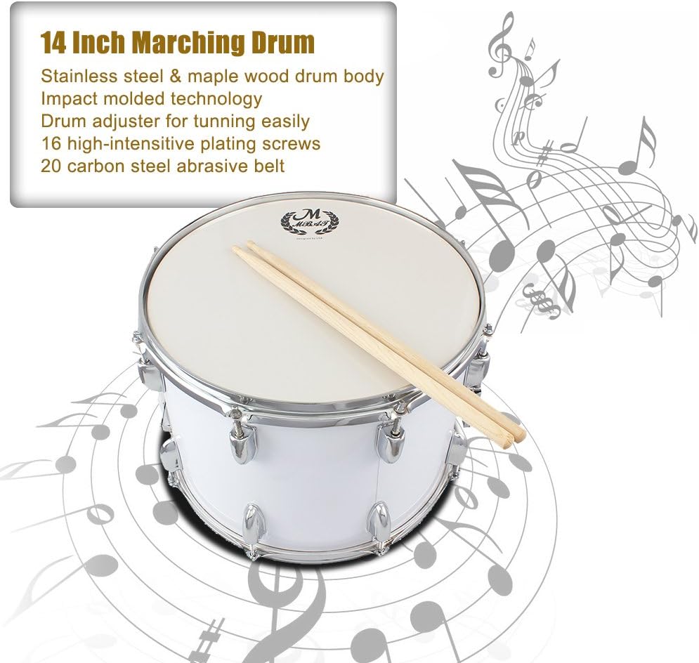 14in Marching Drum Stainless Steel & Maple Wood Body Drumhead with Sticks Shoulder Strap Key for Student Professional Drummer