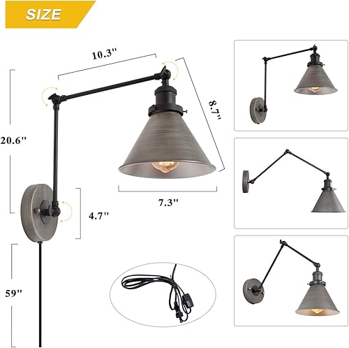 Miniatura 5 de LNC Lámpara de pared con brazo oscilante, moderna lámpara de pared con cable ajustable, lámpara de pared de granja, plata antigua cepillada (paquete