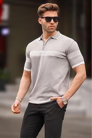Madmext Erkek Polo Yaka T-shirt, K sa Kollu, Fermuarl , Gri, XL