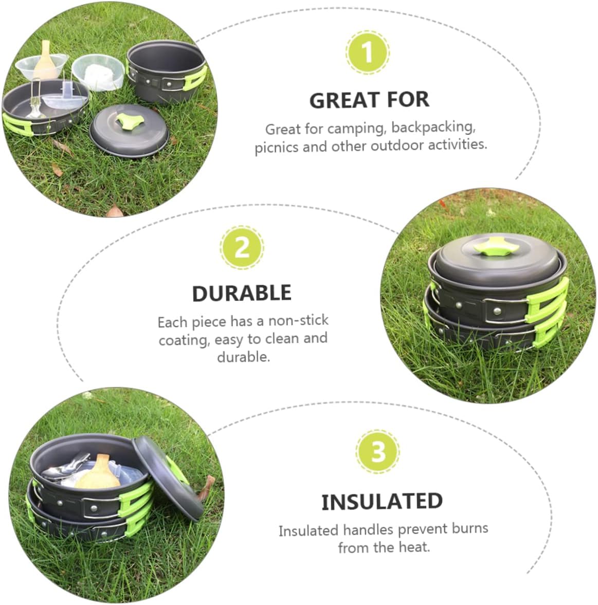 Kisangel Lightweight Camping Cookware Portable Outdoor Cooking Utensils with Insulated Handles Non Stick Design