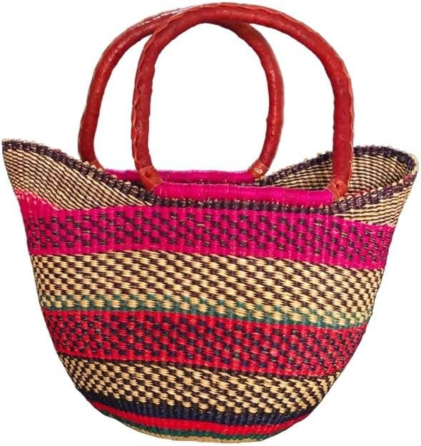 Handwoven Bolga U Shopper Basket with Leather Handles