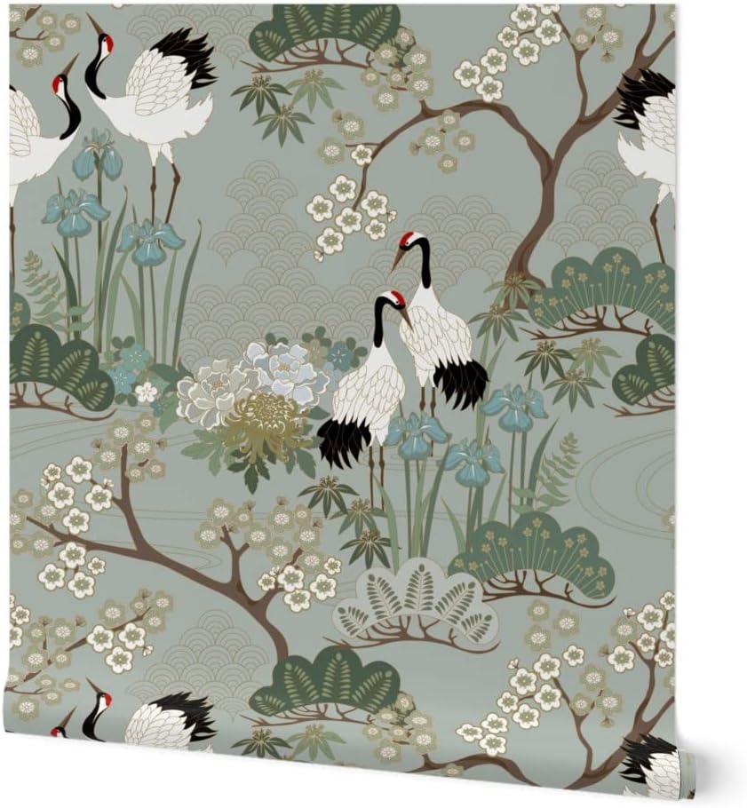 Spoonflower Peel & Stick Wallpaper 9ft x 2ft - Japanese Garden Florals Birds Cranes Asian Sage Cherry Blossom Custom Removable Wallpaper