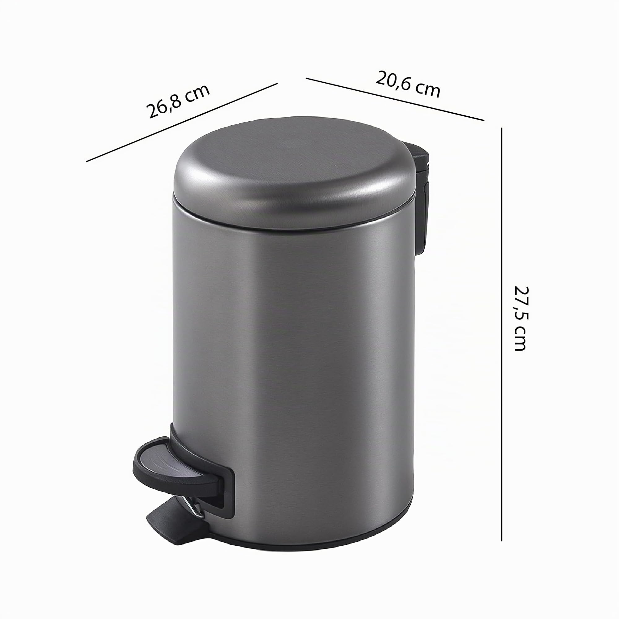 Gedy POTTY Papelera basura baño, Redonda, 5L, con pedal y tapa soft close, Acero inoxidable, Gun Metal, 20,6 x 26,8 x 27,5