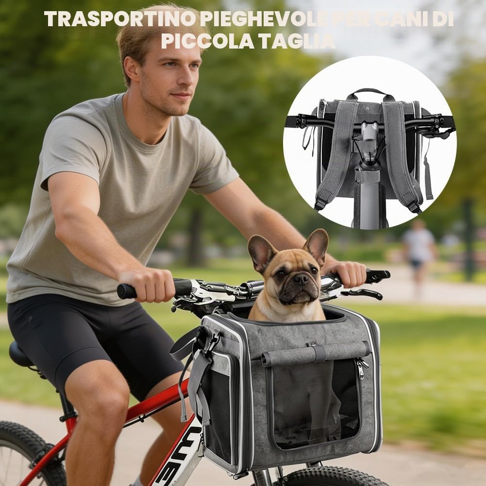 Cestino per cani per bicicletta, 4-in-1 cestino per cani espandibile per bicicletta fino a 10 kg, cestino per bicicletta, zaino e borsa a tracolla con 4 finestre in mesh, cintura di sicurezza, fondo