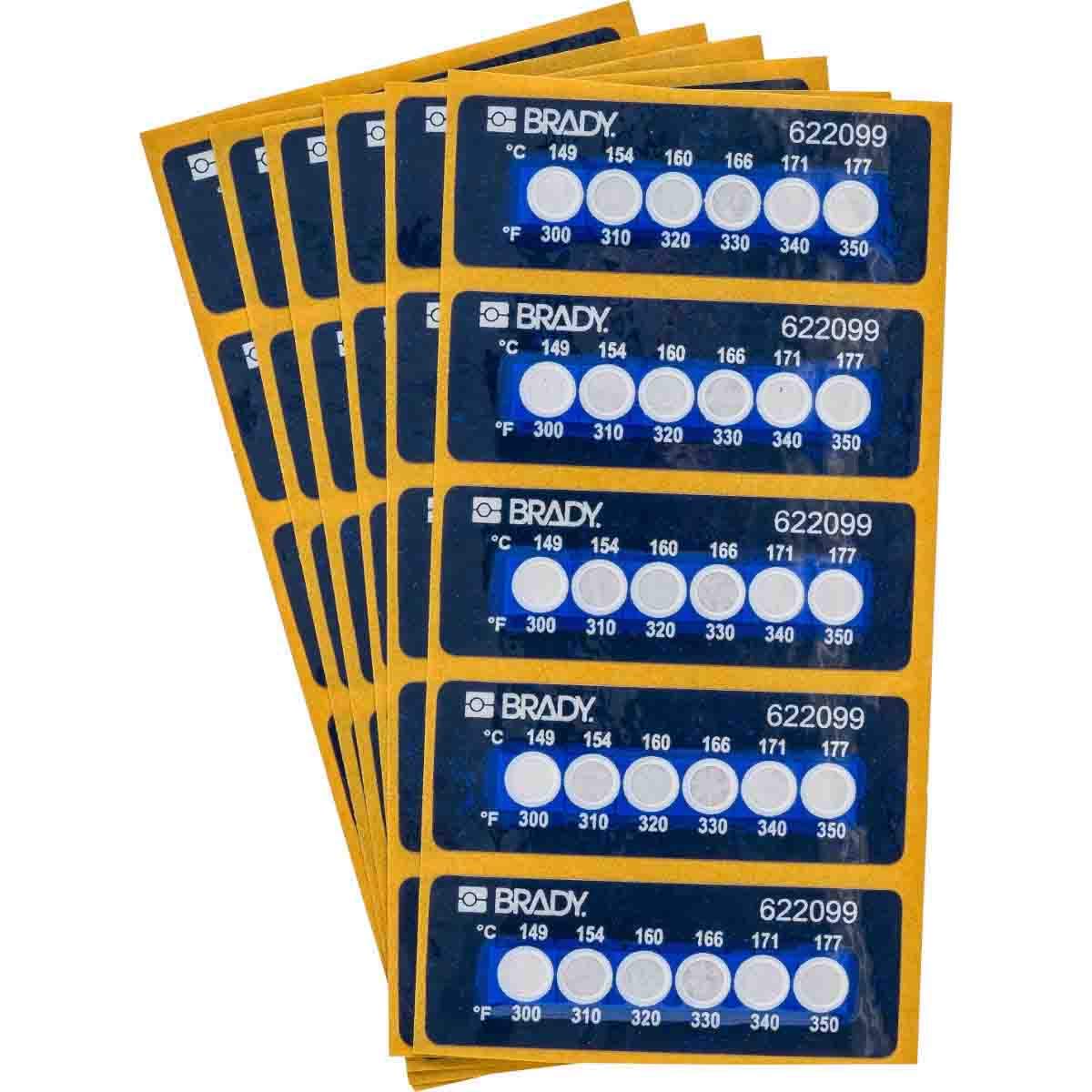 Brady TIL-6-149C/300F 149C/300F Temperature-Indicating Label, Polyethylene Napthalate, 0.787" H x 2.205" W, White on Blue (Pack of 30)