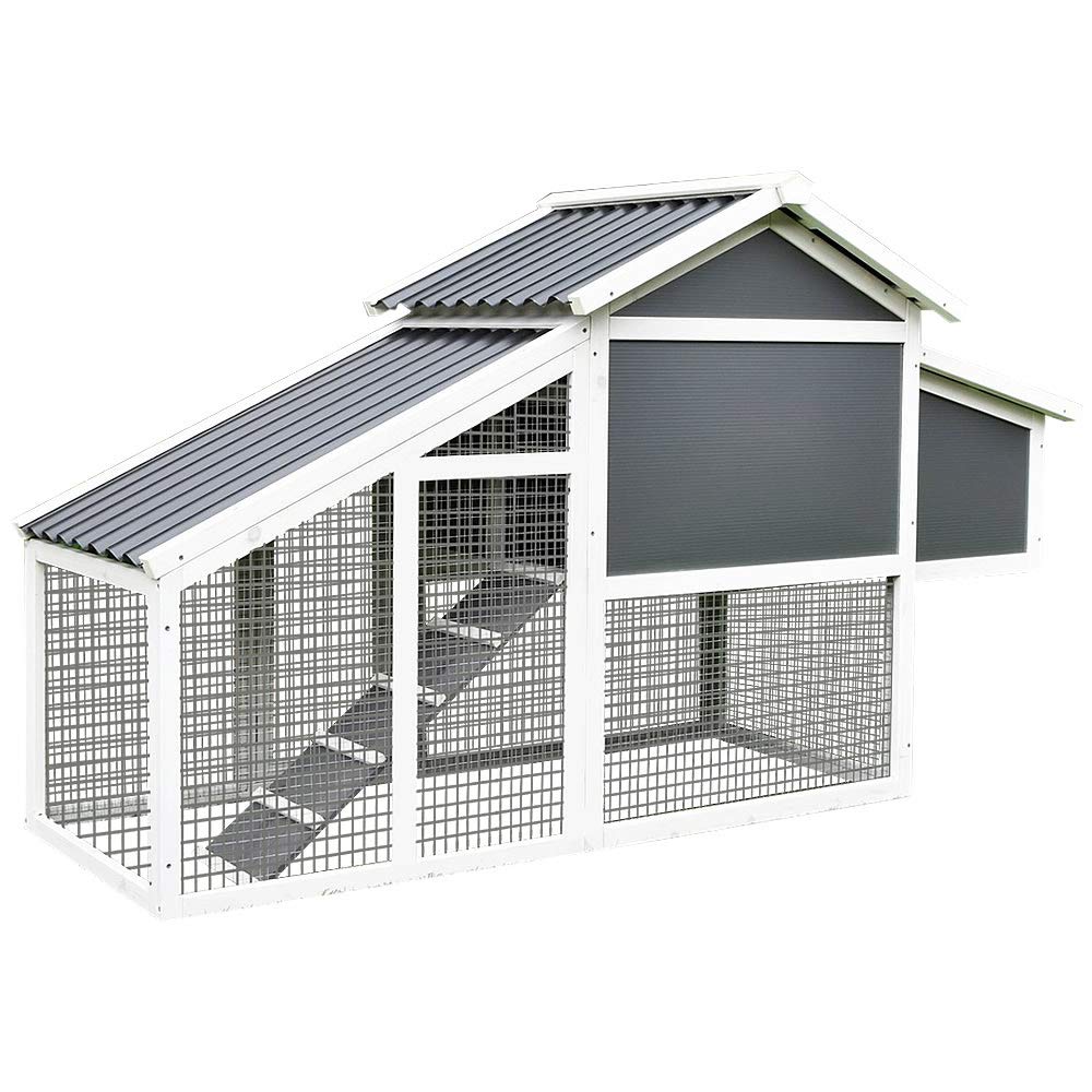 Melko Hühnerstall Hühnerhaus mit Auslauf und Legenest 176x102x66 cm Grau | wetterfestes Wellplatten-Dach, herausnehmbare Zinkblech-Schublade, fuchssicheres verzinktes Gitter, Fenster und Holzrampe